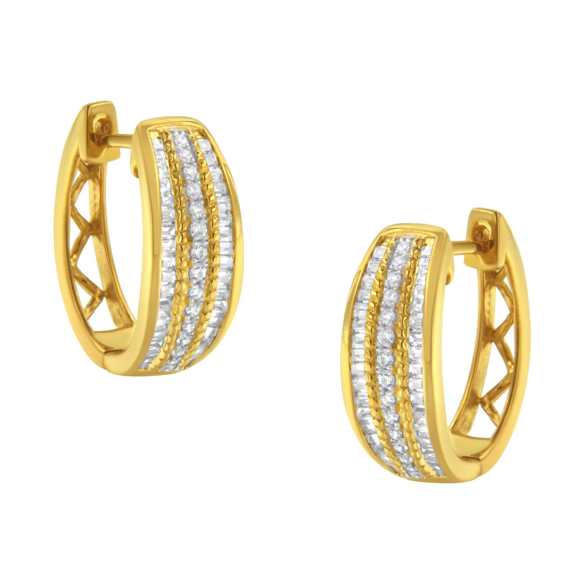 10K Yellow Gold 3/4 Cttw Pave and Channel Set Diamond Triple Row Modern Hoop Earrings (I-J Color, I2-I3 Clarity)-0