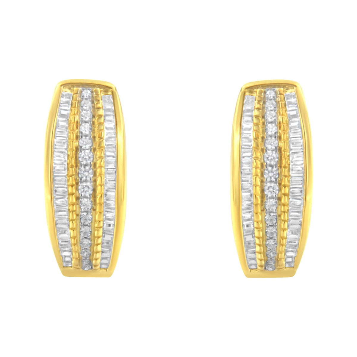 10K Yellow Gold 3/4 Cttw Pave and Channel Set Diamond Triple Row Modern Hoop Earrings (I-J Color, I2-I3 Clarity)-3