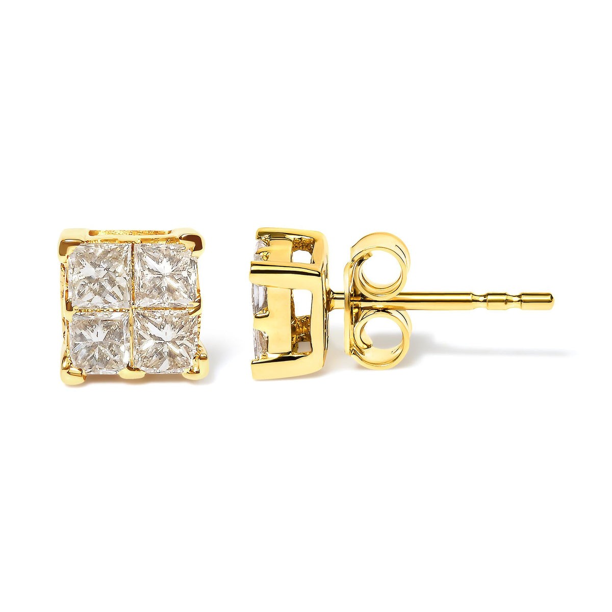 10K Yellow Gold 3/4 Cttw Invisible Set Princess-Cut Diamond Composite Square Stud Earrings (I-J Color, I2-I3 Clarity)-3