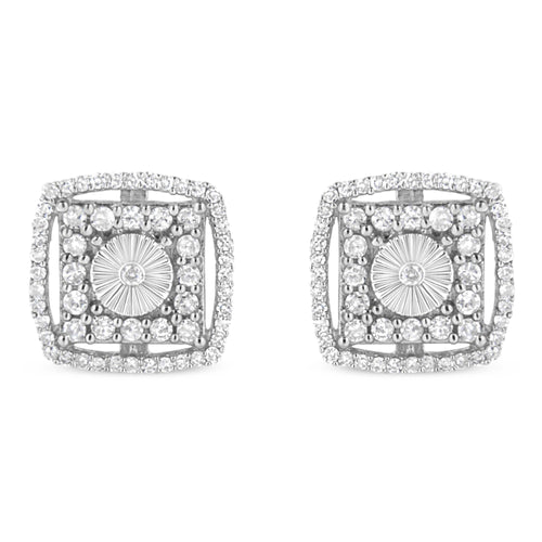 .925 Sterling Silver 1.0 Cttw Round Diamond Double Halo and Disc Stud Earring (I-J Color, I2-I3 Clarity)-0