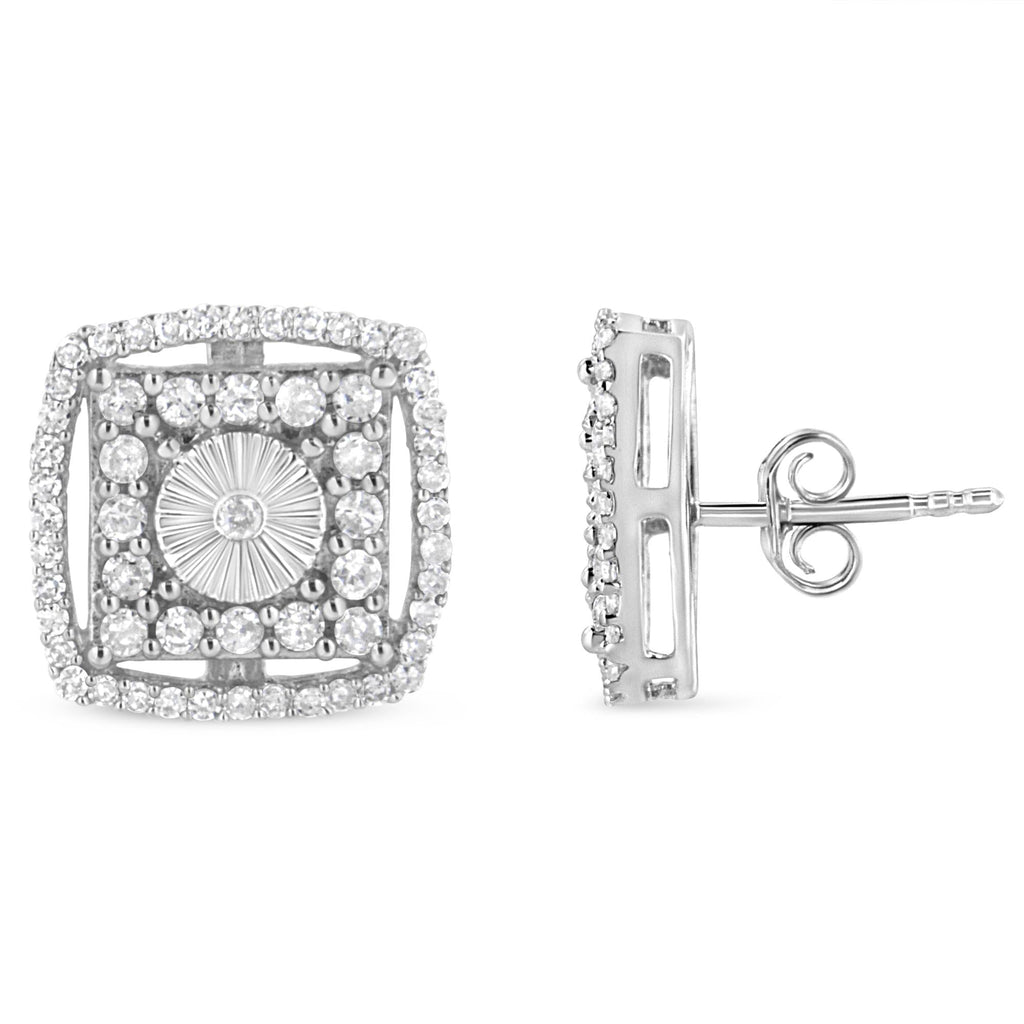 .925 Sterling Silver 1.0 Cttw Round Diamond Double Halo and Disc Stud Earring (I-J Color, I2-I3 Clarity)-1