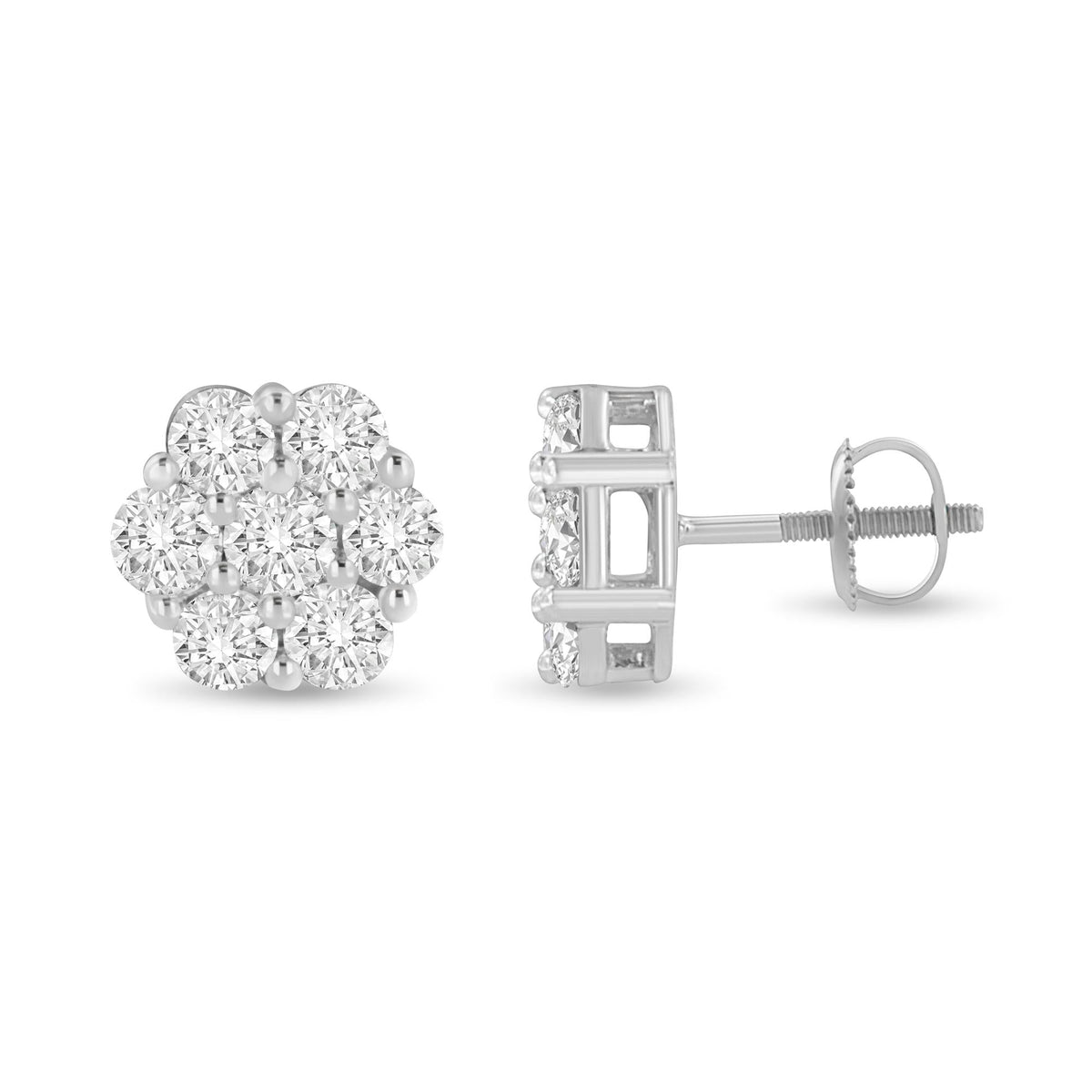 14K White Gold 3 cttw Prong Set Round-Cut Diamond Floral Cluster Stud Earring (I-J Color, SI1-SI2 Clarity)-1