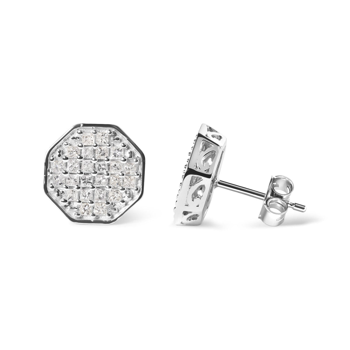 10K White Gold 7/8 Cttw Princess Diamond Composite Octagon Shaped Stud Earrings (I-J Color, I1-I2 Clarity)-3