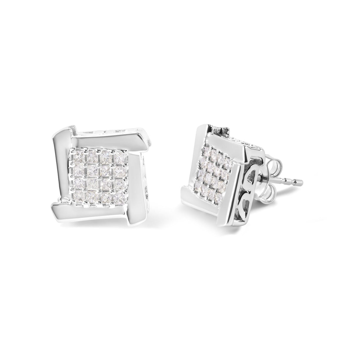 10K White Gold 1/2 Cttw Composite  Princess Diamond Square and Swirl Stud Earrings (I-J Color, I1-I2 Clarity)-1