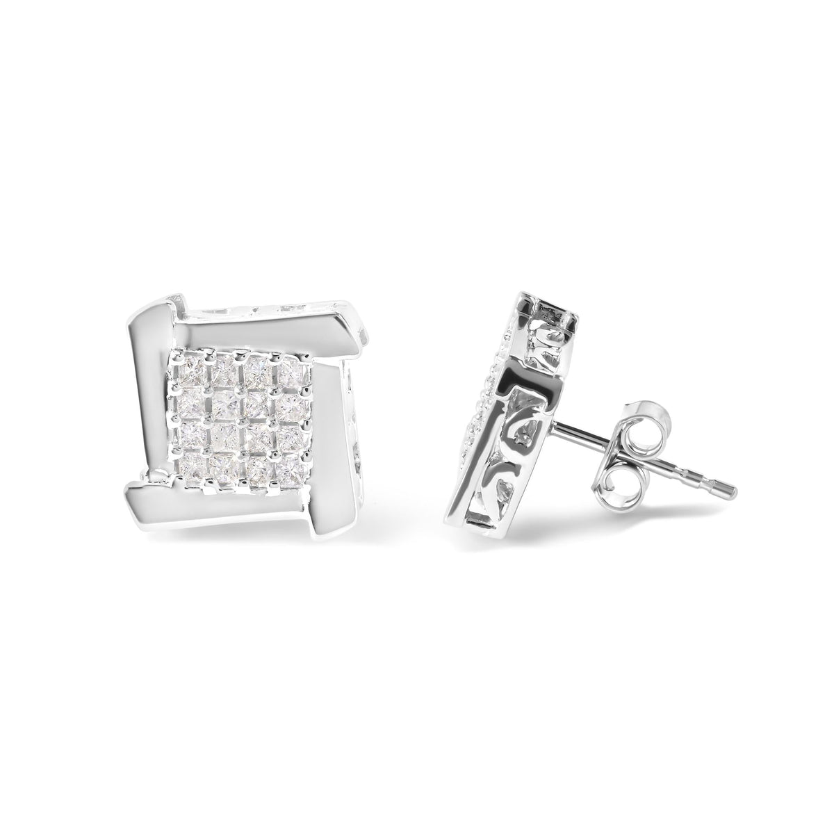 10K White Gold 1/2 Cttw Composite  Princess Diamond Square and Swirl Stud Earrings (I-J Color, I1-I2 Clarity)-3