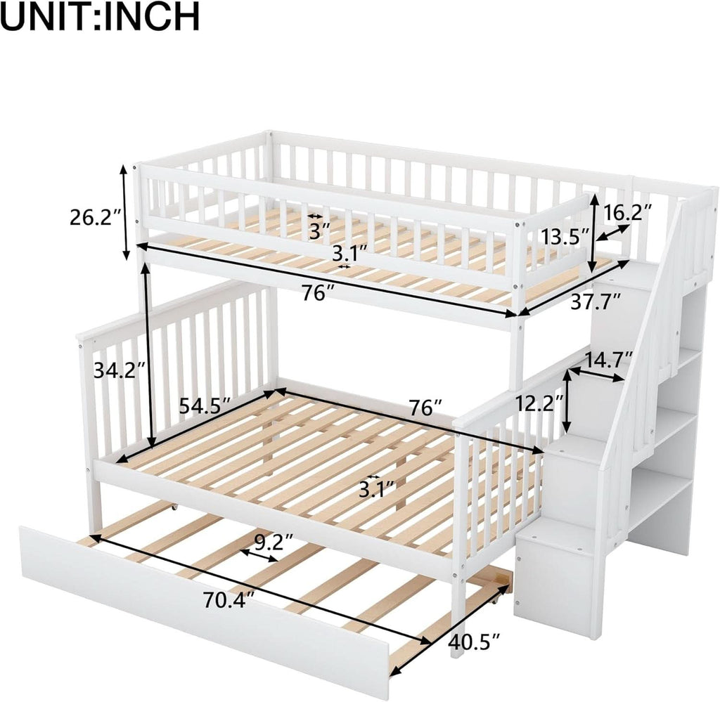 Twin Over Full Bunk Bed With Stairs And Trundle White Wood-1