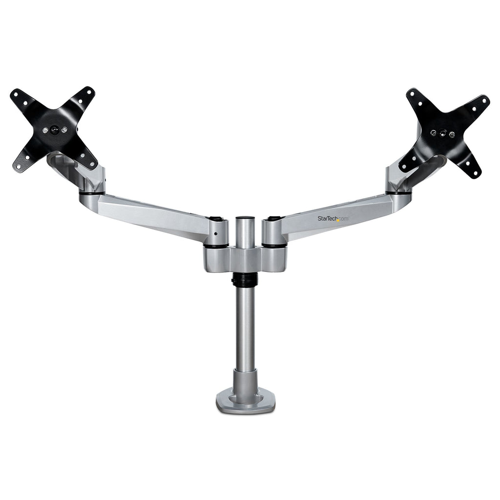 Star Tech Desk Mount Dual Monitor Arm - Premium Articulating Monitor Arm - up to 30” VESA Mount Displays - Height Adjustable Monitor Mount - Rotate/Tilt/Swivel - Clamp/Grommet - Silver