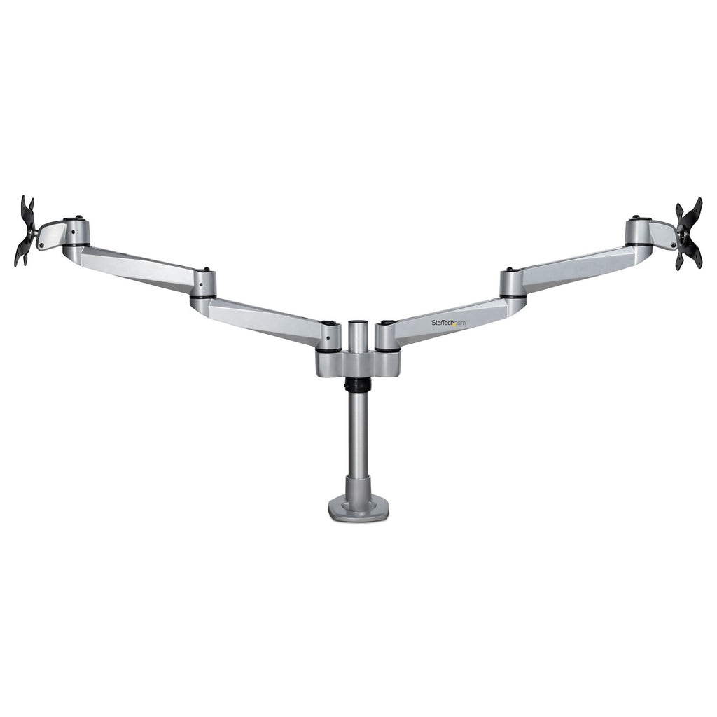 Star Tech Desk Mount Dual Monitor Arm - Premium Articulating Monitor Arm - up to 30” VESA Mount Displays - Height Adjustable Monitor Mount - Rotate/Tilt/Swivel - Clamp/Grommet - Silver