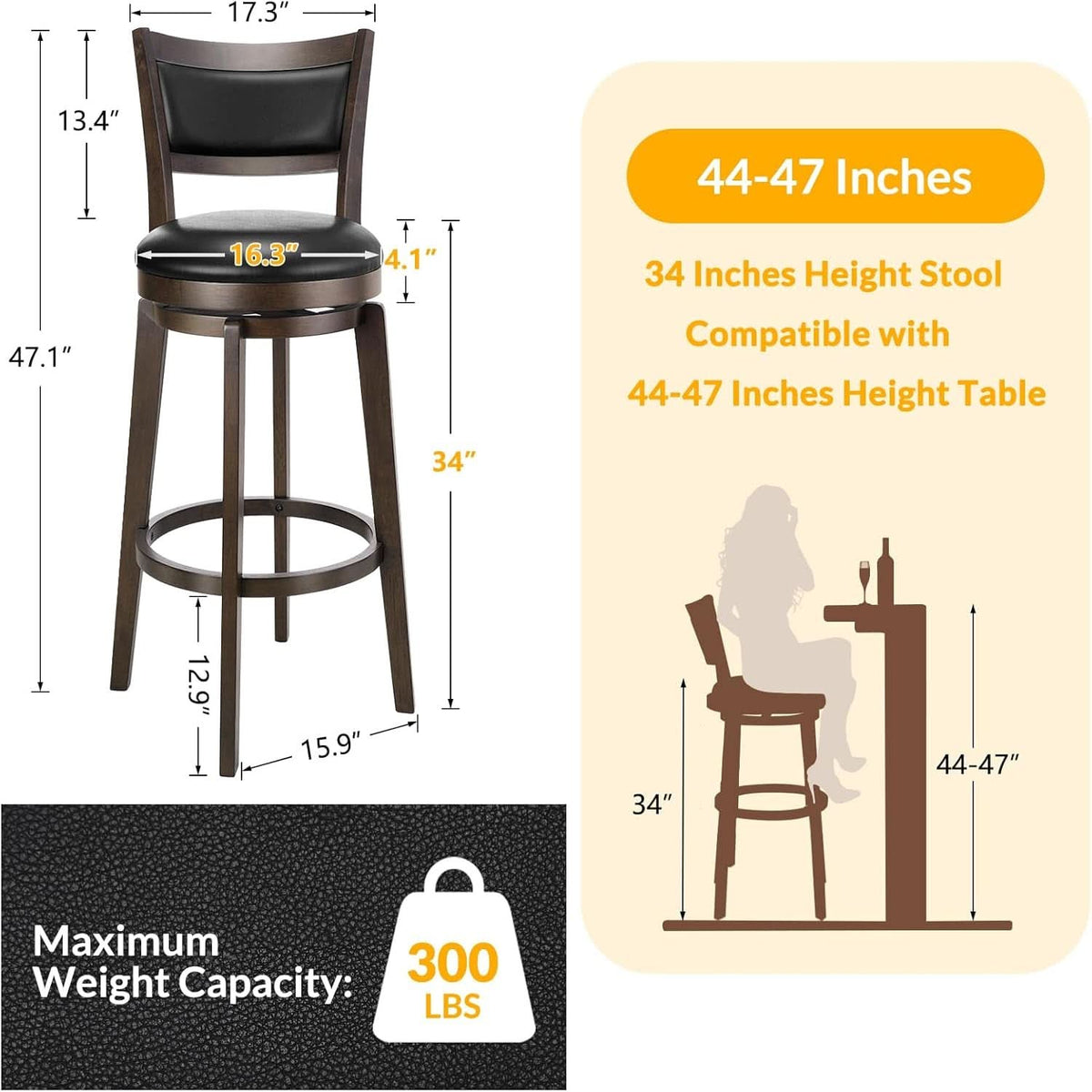Swivel Bar Stools Set of 2 Black Faux Leather 34 Inch-2