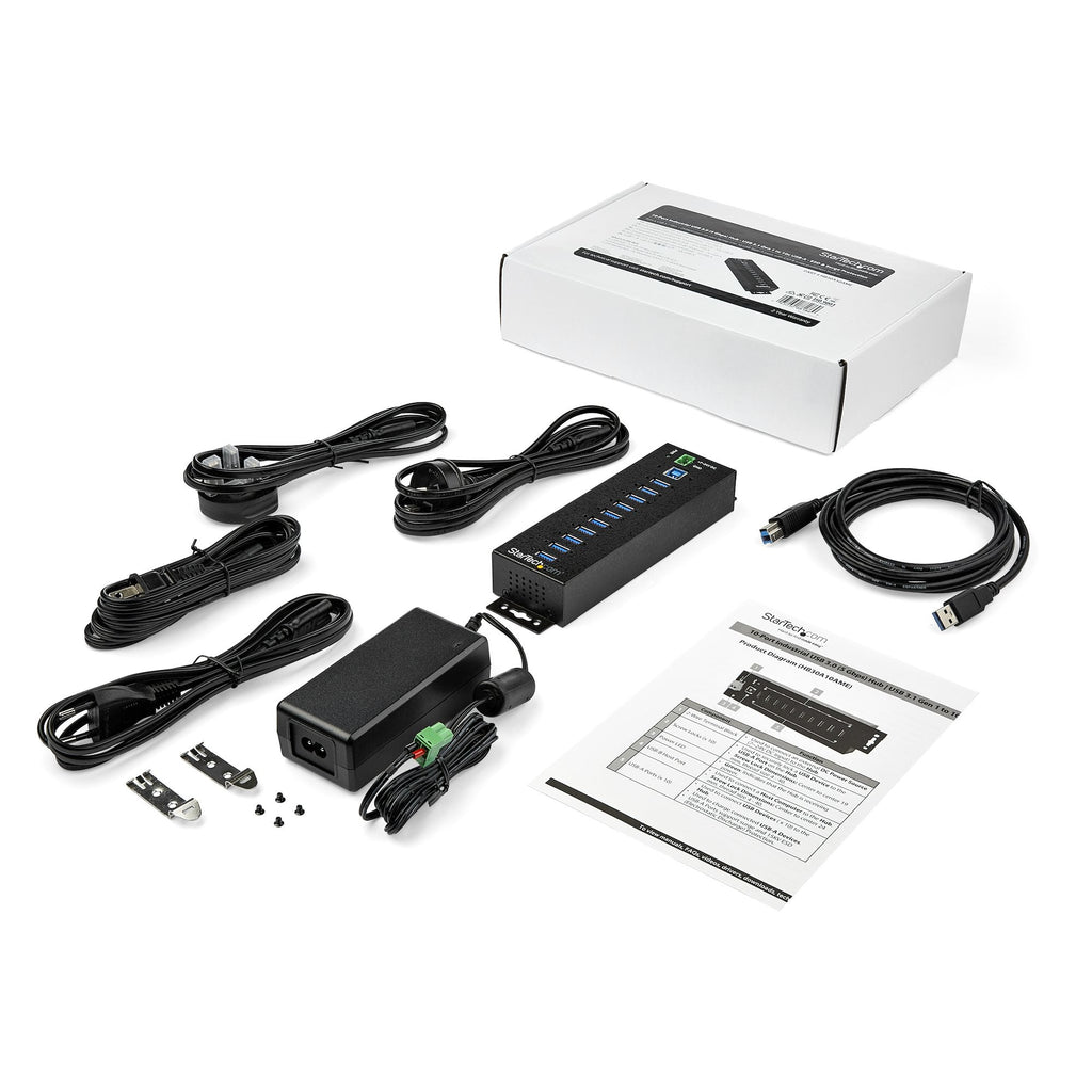 Star Tech 10-Port USB 3.0 Hub with Power Adapter - Metal Industrial USB-A Hub with ESD & 350W Surge Protection - Din/Wall/Desk Mountable - High Speed USB 3.2 Gen 1 (5Gbps) Hub