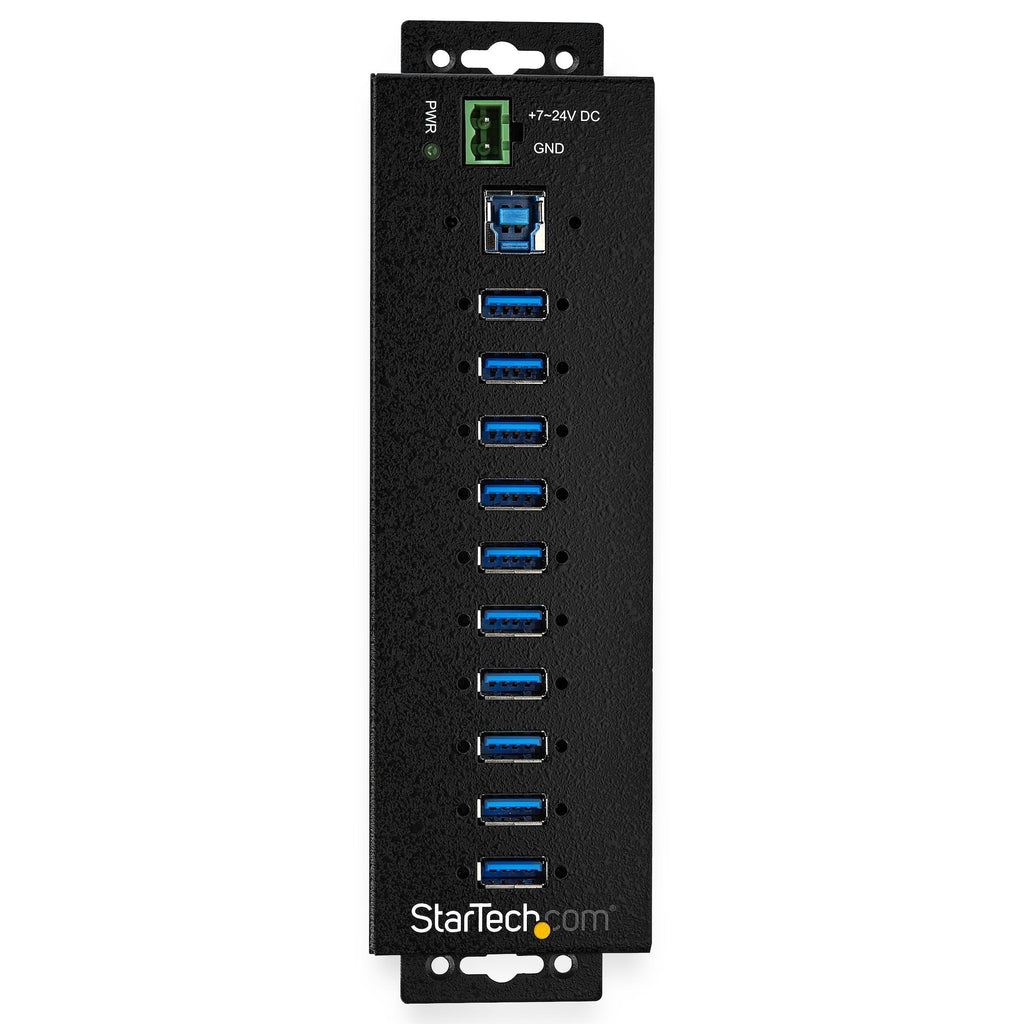 Star Tech 10-Port USB 3.0 Hub with Power Adapter - Metal Industrial USB-A Hub with ESD & 350W Surge Protection - Din/Wall/Desk Mountable - High Speed USB 3.2 Gen 1 (5Gbps) Hub