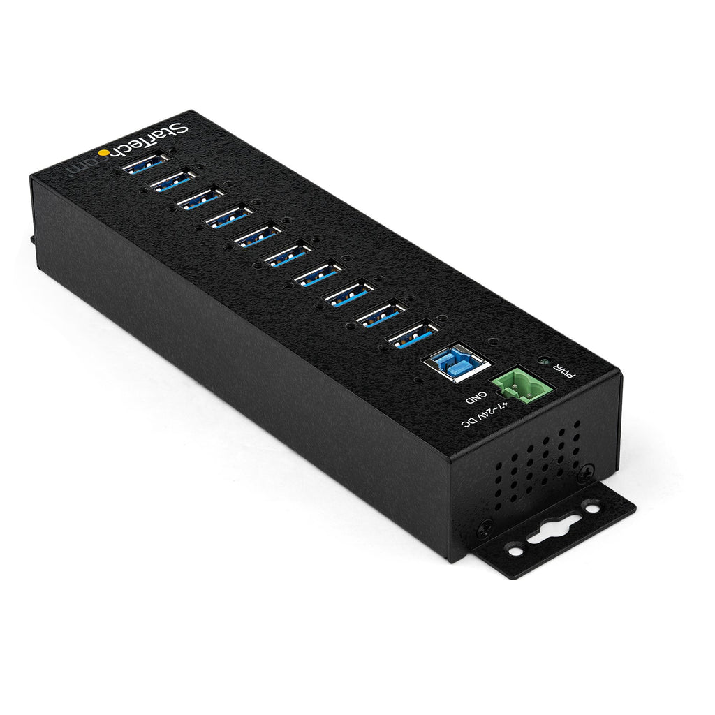 Star Tech 10-Port USB 3.0 Hub with Power Adapter - Metal Industrial USB-A Hub with ESD & 350W Surge Protection - Din/Wall/Desk Mountable - High Speed USB 3.2 Gen 1 (5Gbps) Hub