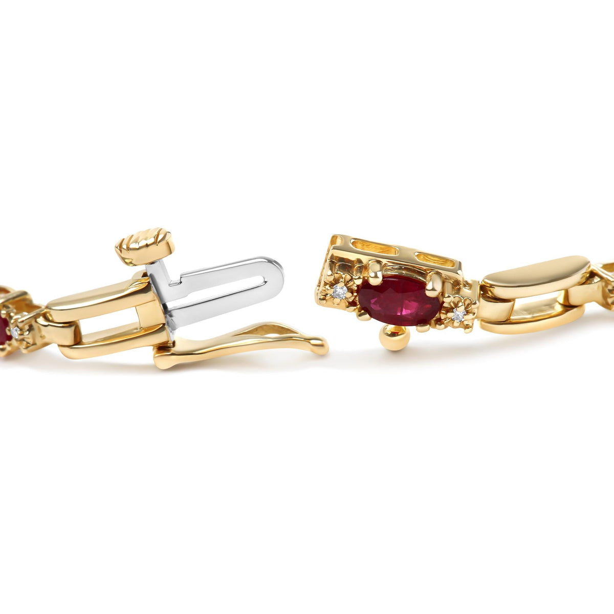 10K Yellow Gold Oval Ruby and 1/10 Cttw Diamond Bar Prong Set Bracelet (H-I Color, SI1-SI2 Clarity)  - Size 7"-1