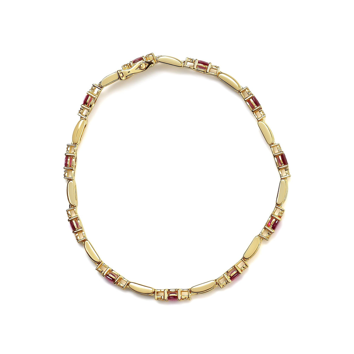 10K Yellow Gold Oval Ruby and 1/10 Cttw Diamond Bar Prong Set Bracelet (H-I Color, SI1-SI2 Clarity)  - Size 7"-3