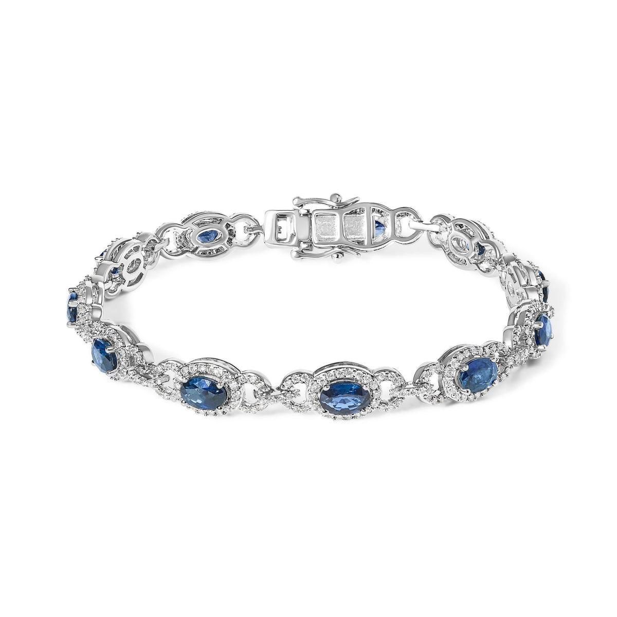 14K White Gold Vintage-Inspired Oval Blue Sapphire & Diamond Link Bracelet-0