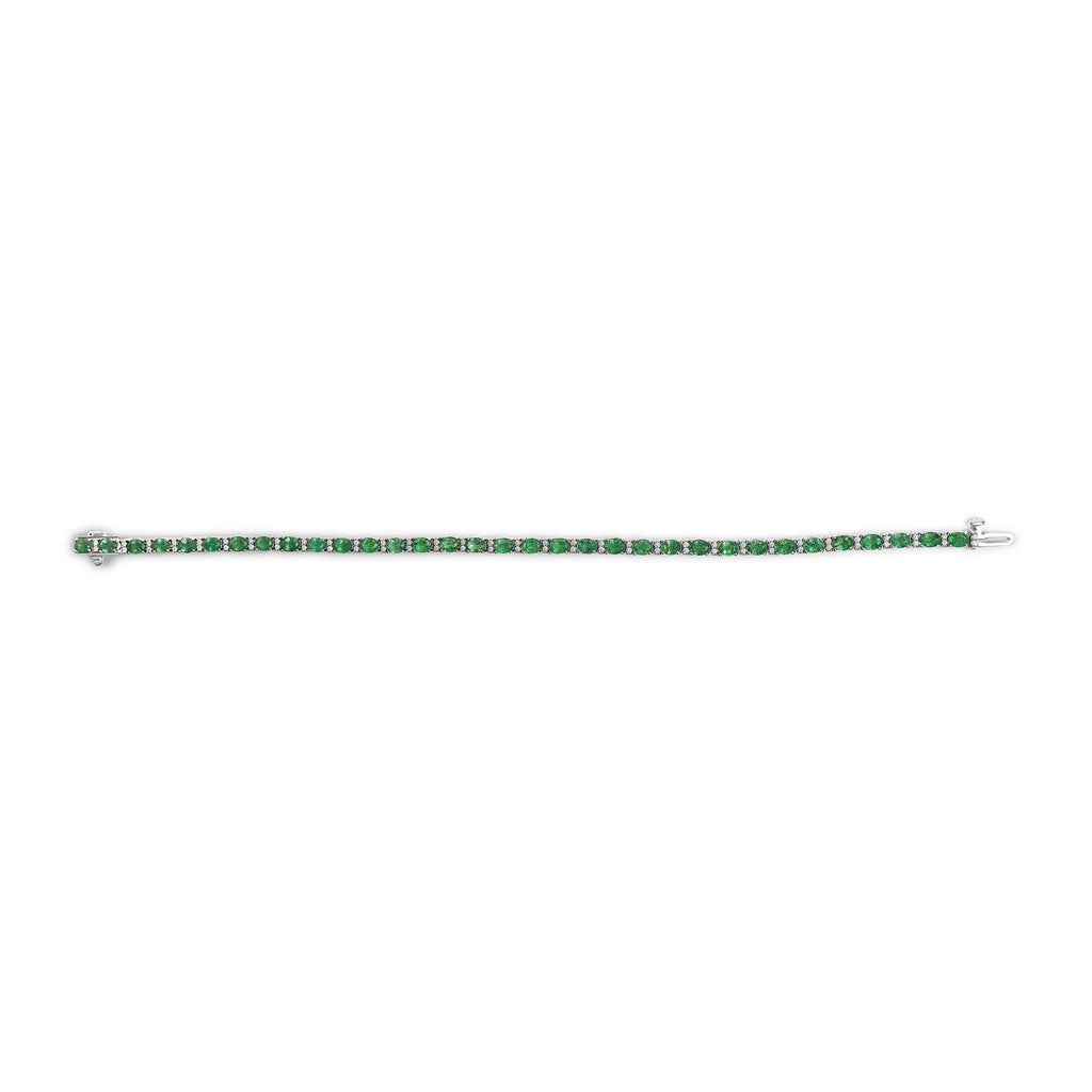 14K White Gold Alternating Oval Green Emerald and Diamond Tennis Bracelet-3