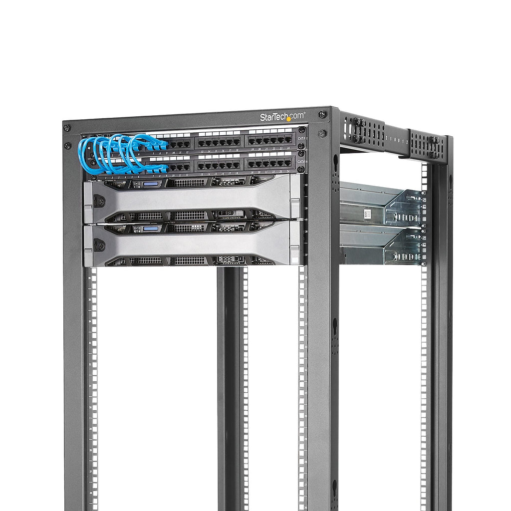 Star Tech 4-Post 18U Mobile Open Frame Server Rack, Four Post 19" Network Rack with Wheels, Rolling Rack with Adjustable Depth for Computer/AV/Data/IT Equipment - Casters, Leveling Feet or Floor Mounting