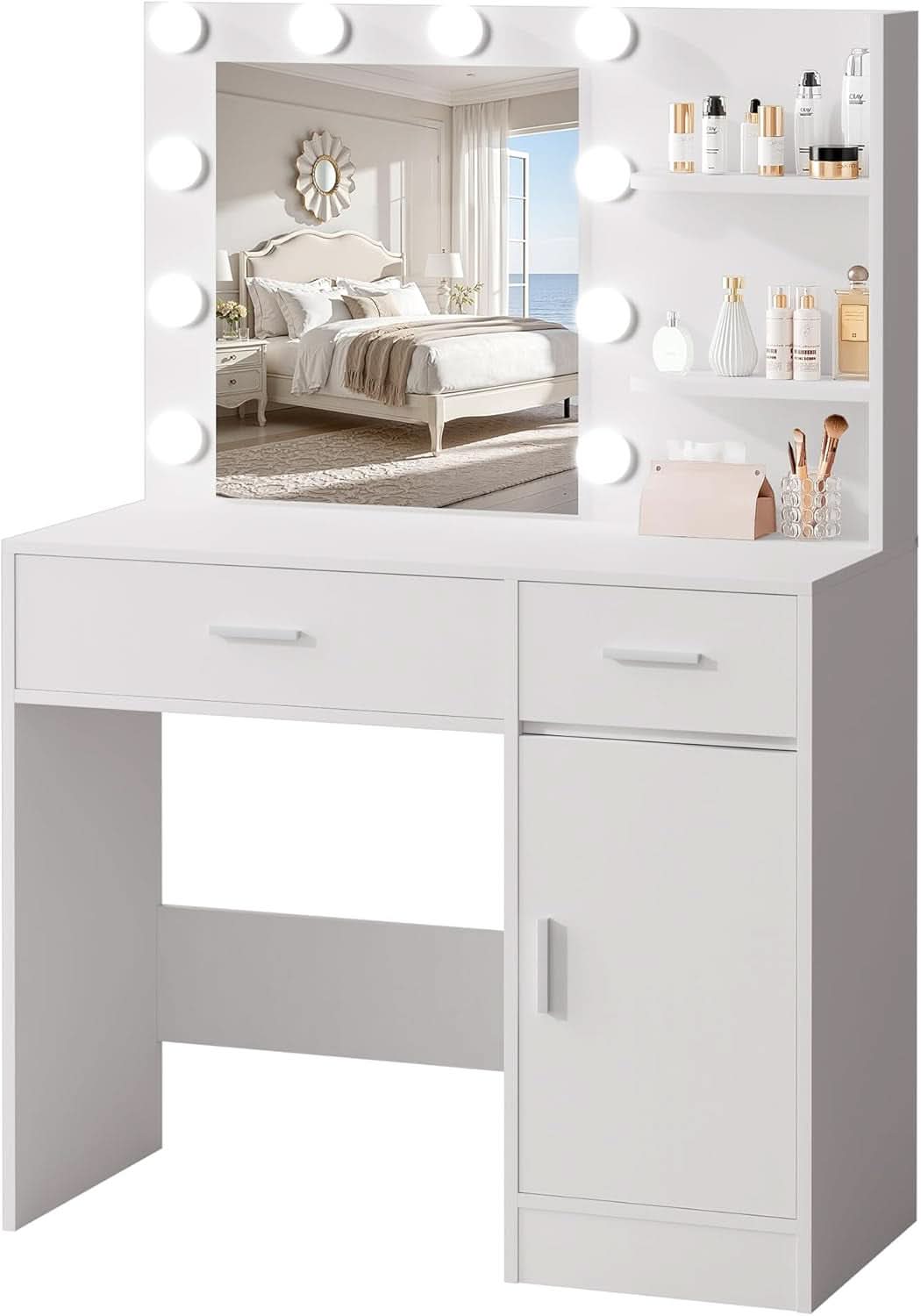 Luxurious White Vanity Desk Featuring Dimmable Mirror-2