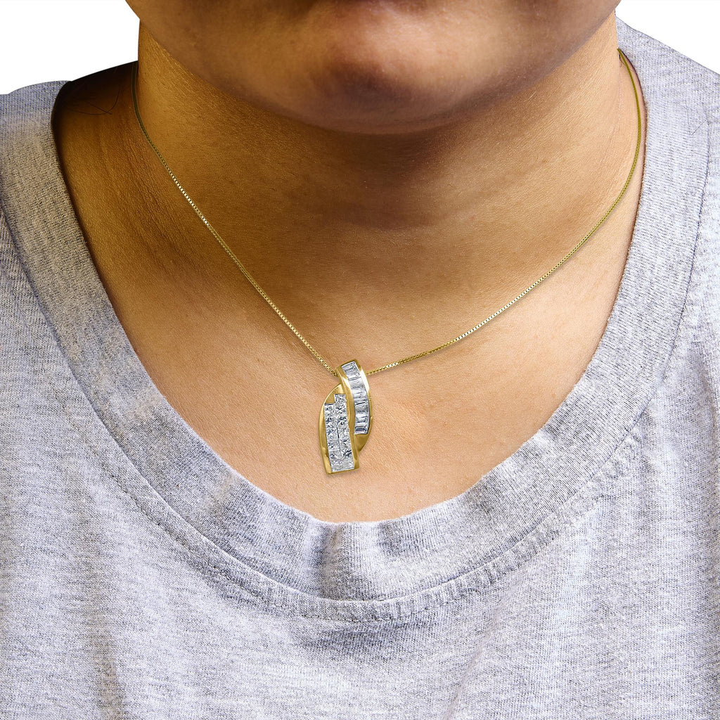 14k Yellow Gold 1 1/3 Cttw Princess and Baguette-cut Diamond Double Curved Pendant Necklace (H-I Color ,VS1-VS2 Clarity) - NO CHAIN INCLUDED-2