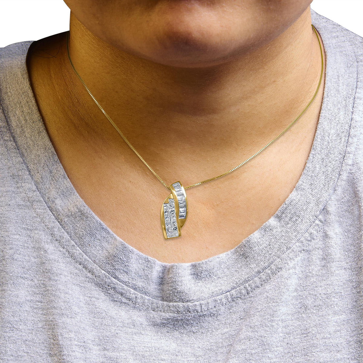 14k Yellow Gold 1 1/3 Cttw Princess and Baguette-cut Diamond Double Curved Pendant Necklace (H-I Color ,VS1-VS2 Clarity) - NO CHAIN INCLUDED-2