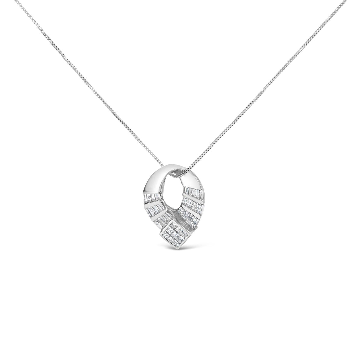14k White Gold 1 5/8 Cttw Invisible Set Princess and Channel Set Baguette Diamond Curved Oval Shape Pendant Necklace (G-H Color, VS2-SI1 Clarity)-0