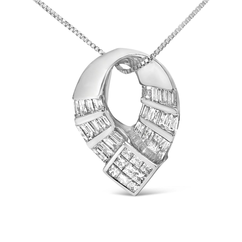 14k White Gold 1 5/8 Cttw Invisible Set Princess and Channel Set Baguette Diamond Curved Oval Shape Pendant Necklace (G-H Color, VS2-SI1 Clarity)-1
