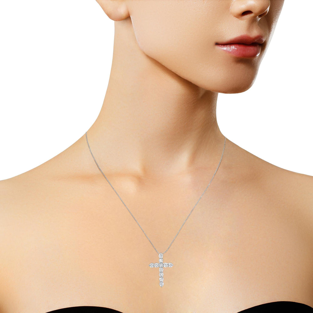 .925 Sterling Silver 1.0 Cttw Prong Set Round-Cut Diamond Cross 18" Pendant Necklace (I-J Color, I2-I3 Clarity)-2