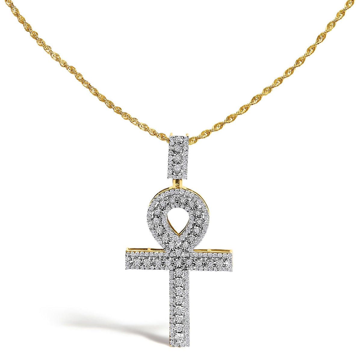 Men's 10K Yellow Gold 1.00 Cttw Diamond Ankh Cross Pendant Necklace-0