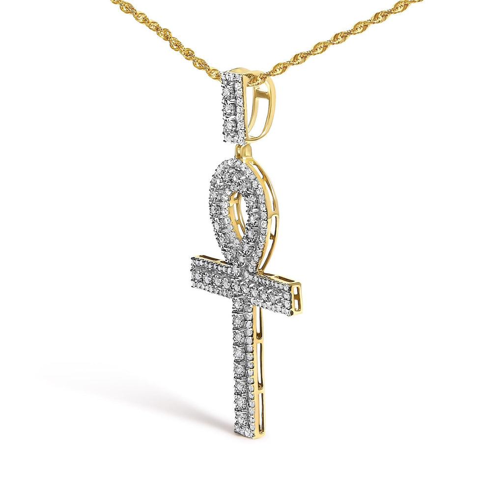 Men's 10K Yellow Gold 1.00 Cttw Diamond Ankh Cross Pendant Necklace-3