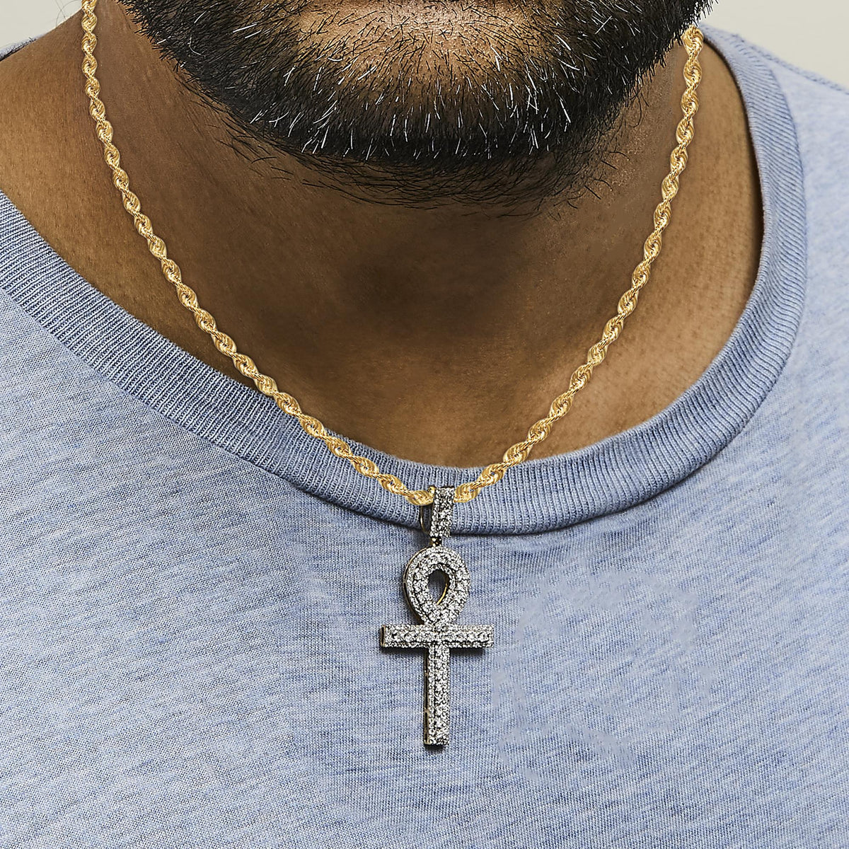 Men's 10K Yellow Gold 1.00 Cttw Diamond Ankh Cross Pendant Necklace-2