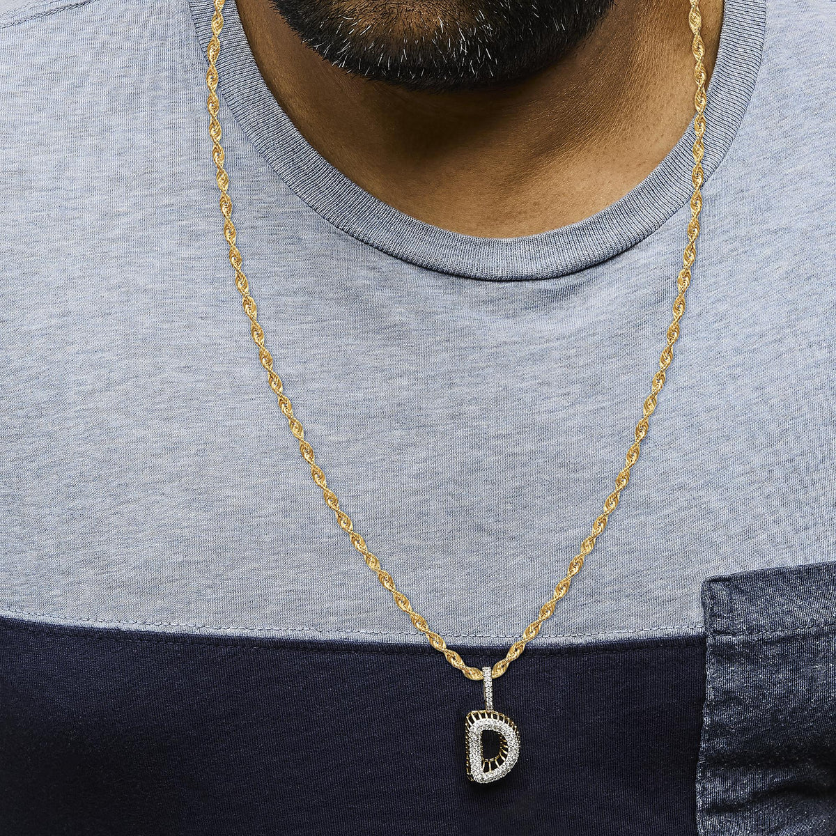 Men's 10K Yellow Gold 1 1/5 Cttw Diamond Letter D Initial Pendant Necklace-2