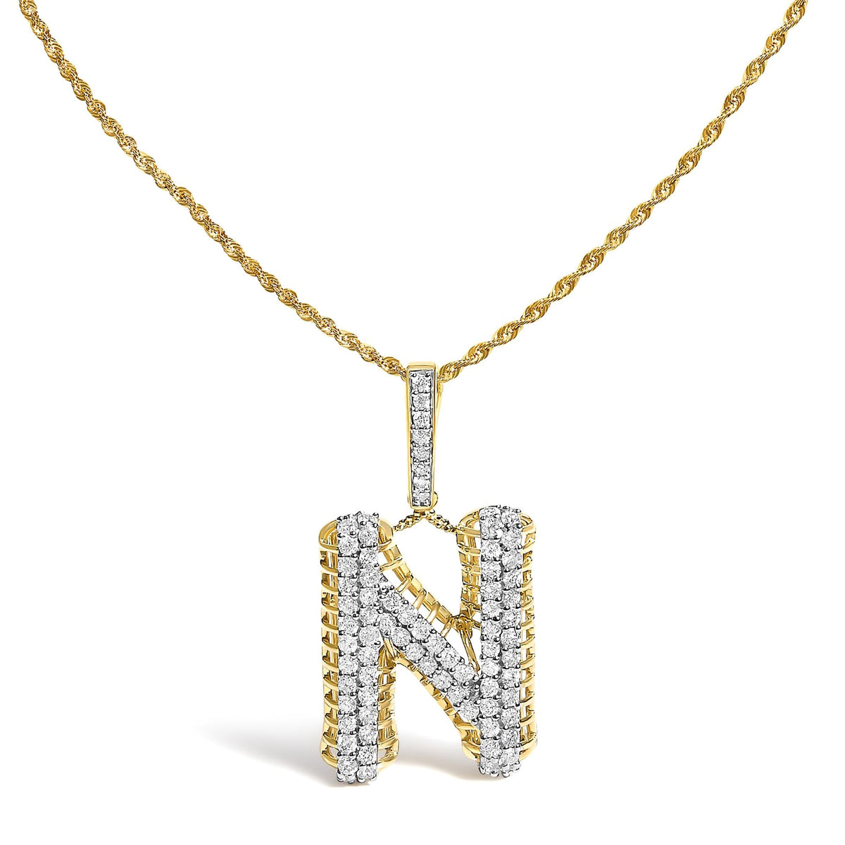 Men's 10K Yellow Gold 1 1/2 Cttw Diamond Letter N Initial Pendant Necklace-0