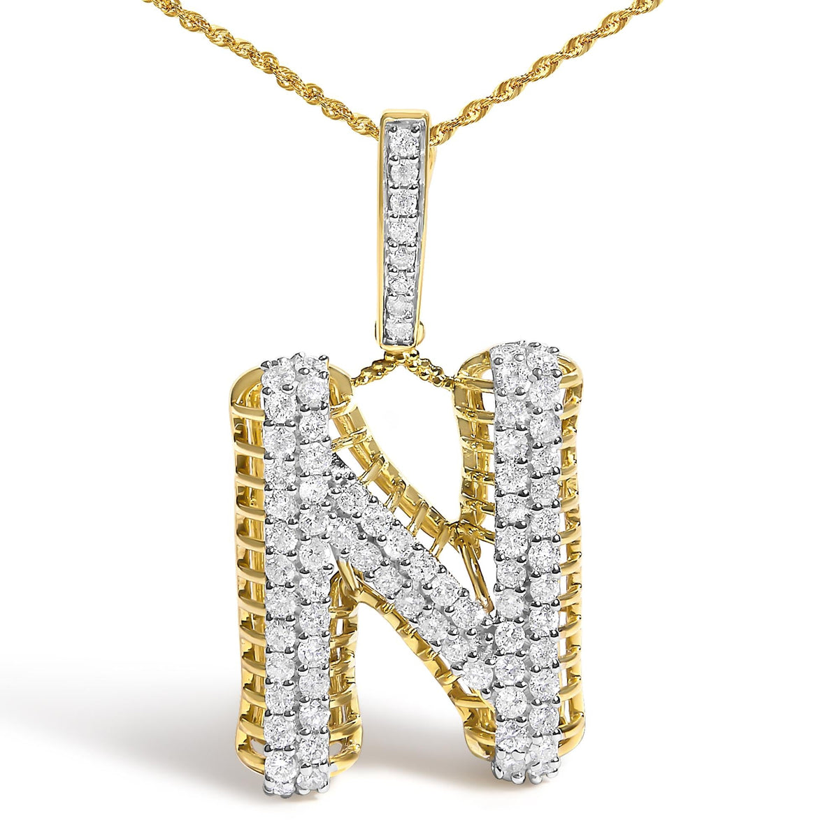Men's 10K Yellow Gold 1 1/2 Cttw Diamond Letter N Initial Pendant Necklace-1
