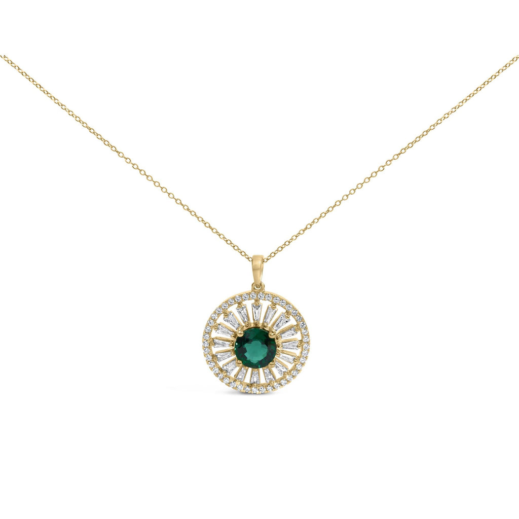 14K Yellow Gold Plated Sterling Silver Lab Grown Emerald and Diamond Sunburst Medallion Pendant Necklace