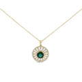 14K Yellow Gold Plated Sterling Silver Lab Grown Emerald and Diamond Sunburst Medallion Pendant Necklace