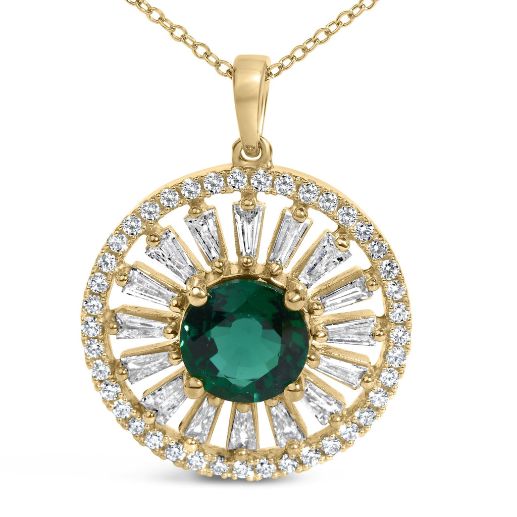 14K Yellow Gold Plated Sterling Silver Lab Grown Emerald and Diamond Sunburst Medallion Pendant Necklace