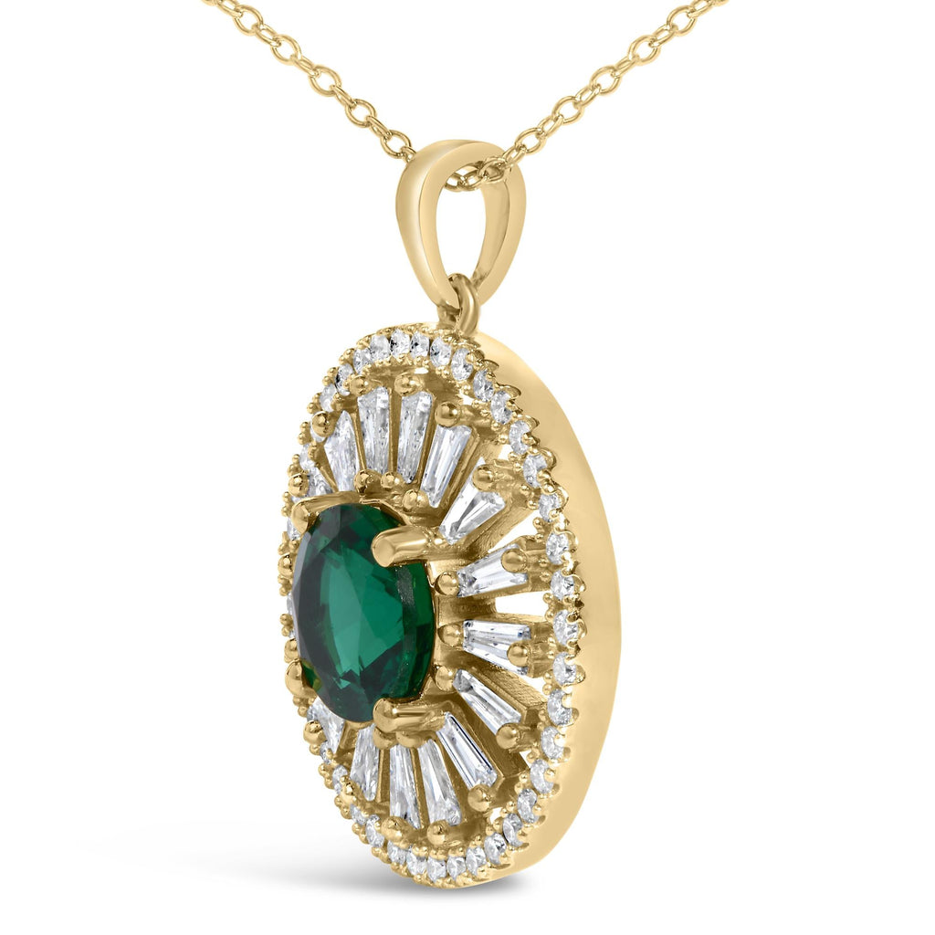 14K Yellow Gold Plated Sterling Silver Lab Grown Emerald and Diamond Sunburst Medallion Pendant Necklace