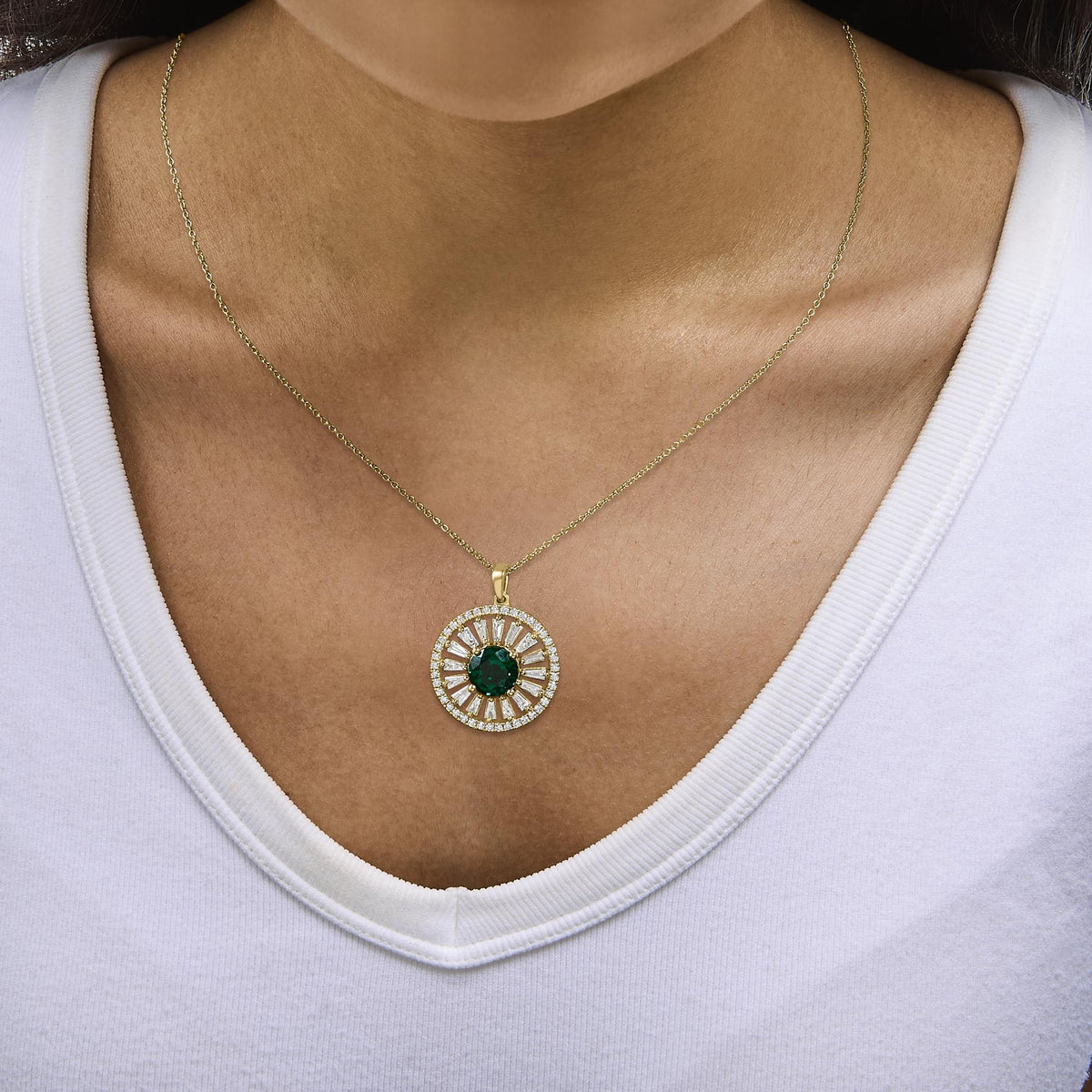 14K Yellow Gold Plated Sterling Silver Lab Grown Emerald and Diamond Sunburst Medallion Pendant Necklace