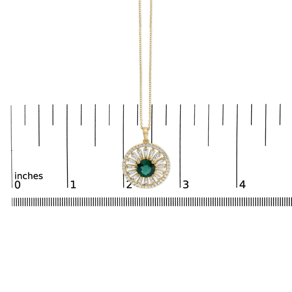 14K Yellow Gold Plated Sterling Silver Lab Grown Emerald and Diamond Sunburst Medallion Pendant Necklace