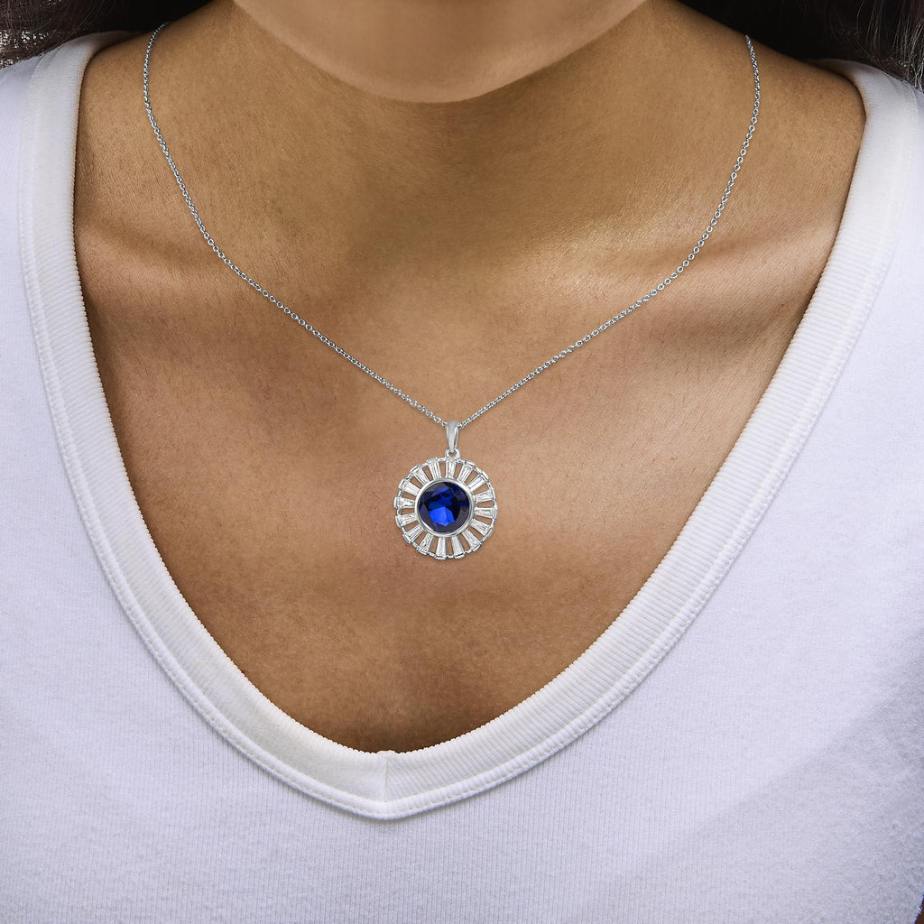 Sterling Silver Lab Grown Sapphire and Diamond Medallion Pendant Necklace