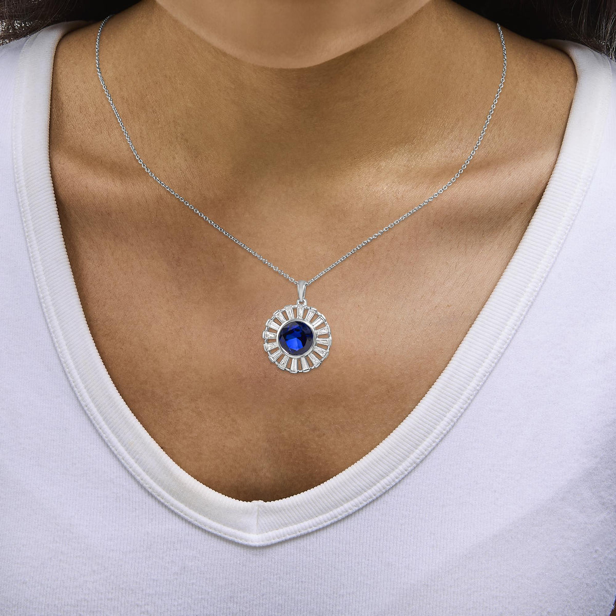Sterling Silver Lab Grown Sapphire and Diamond Medallion Pendant Necklace