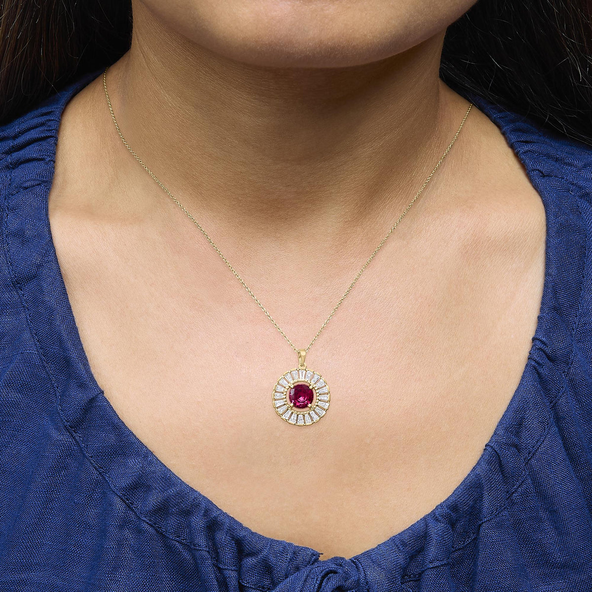 14K Yellow Gold Plated Sterling Silver Lab Grown Ruby and Diamond Medallion Pendant Necklace