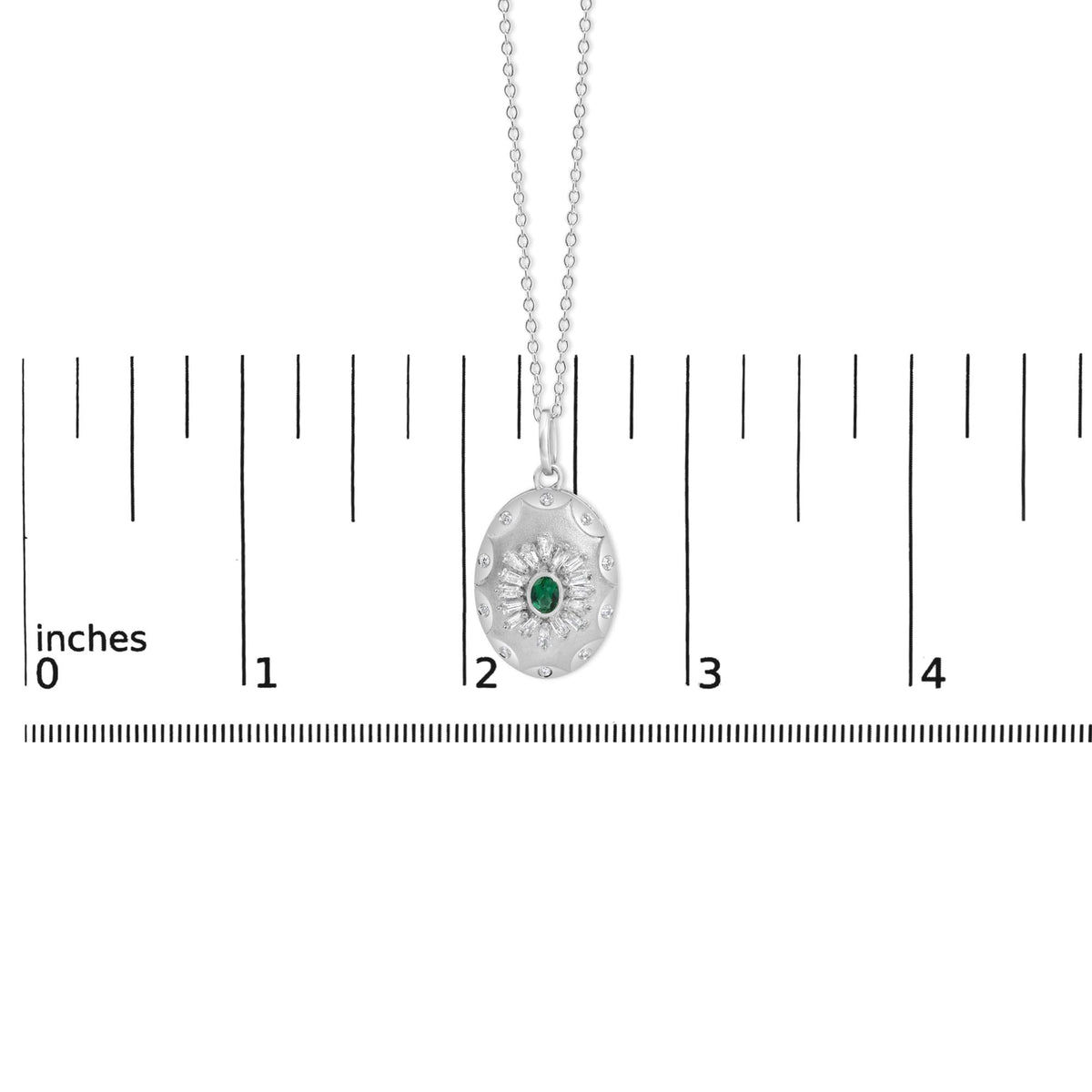 Sterling Silver Lab Grown Emerald and Diamond Sunburst Medallion Pendant Necklace