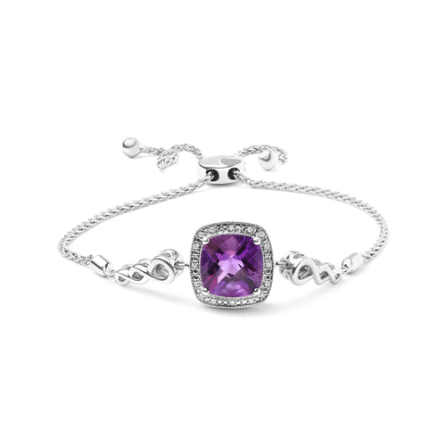 .925 Sterling Silver 10mm Cushion Cut Amethyst Gemstone and Diamond Accent Lariat 4”-10” Adjustable Bolo Bracelet (H-I Color, SI1-SI2 Clarity)-0