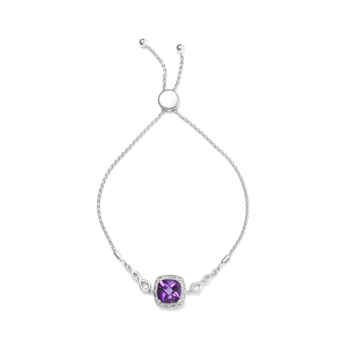 .925 Sterling Silver 10mm Cushion Cut Amethyst Gemstone and Diamond Accent Lariat 4”-10” Adjustable Bolo Bracelet (H-I Color, SI1-SI2 Clarity)-1