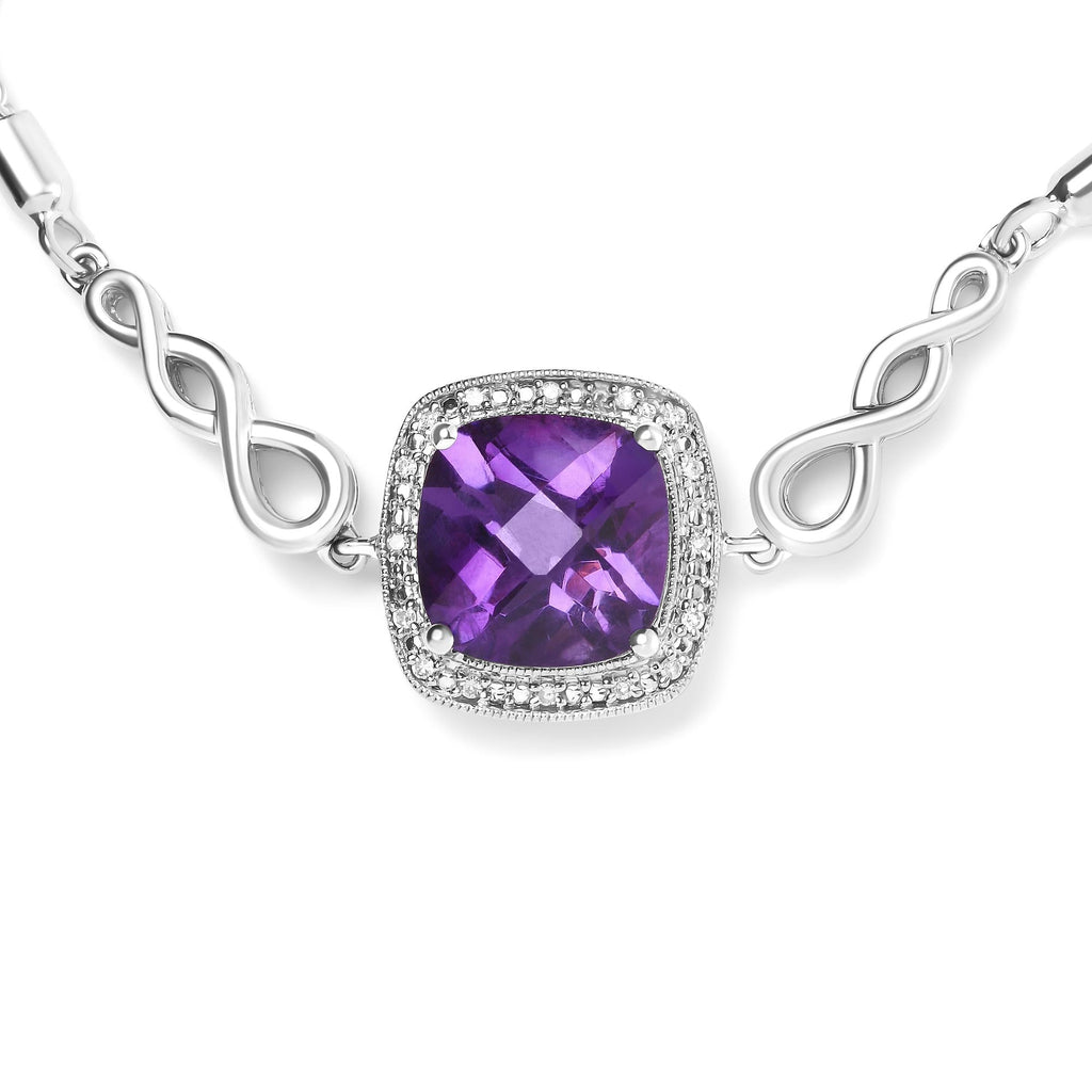 .925 Sterling Silver 10mm Cushion Cut Amethyst Gemstone and Diamond Accent Lariat 4”-10” Adjustable Bolo Bracelet (H-I Color, SI1-SI2 Clarity)-3
