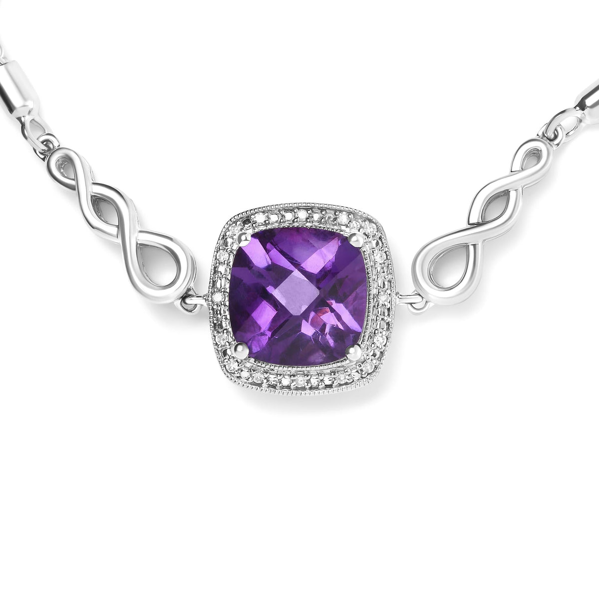 .925 Sterling Silver 10mm Cushion Cut Amethyst Gemstone and Diamond Accent Lariat 4”-10” Adjustable Bolo Bracelet (H-I Color, SI1-SI2 Clarity)-3
