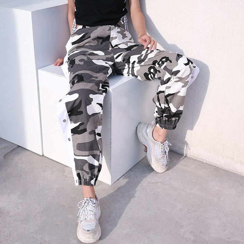 Camo Print High-Waisted Side Button Cuffed Pants