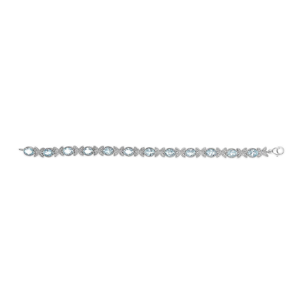 .925 Sterling Silver Oval Blue Topaz Diamond Butterfly Link Bracelet (I-J Color, I1-I2 Clarity) - Size 7" Inches