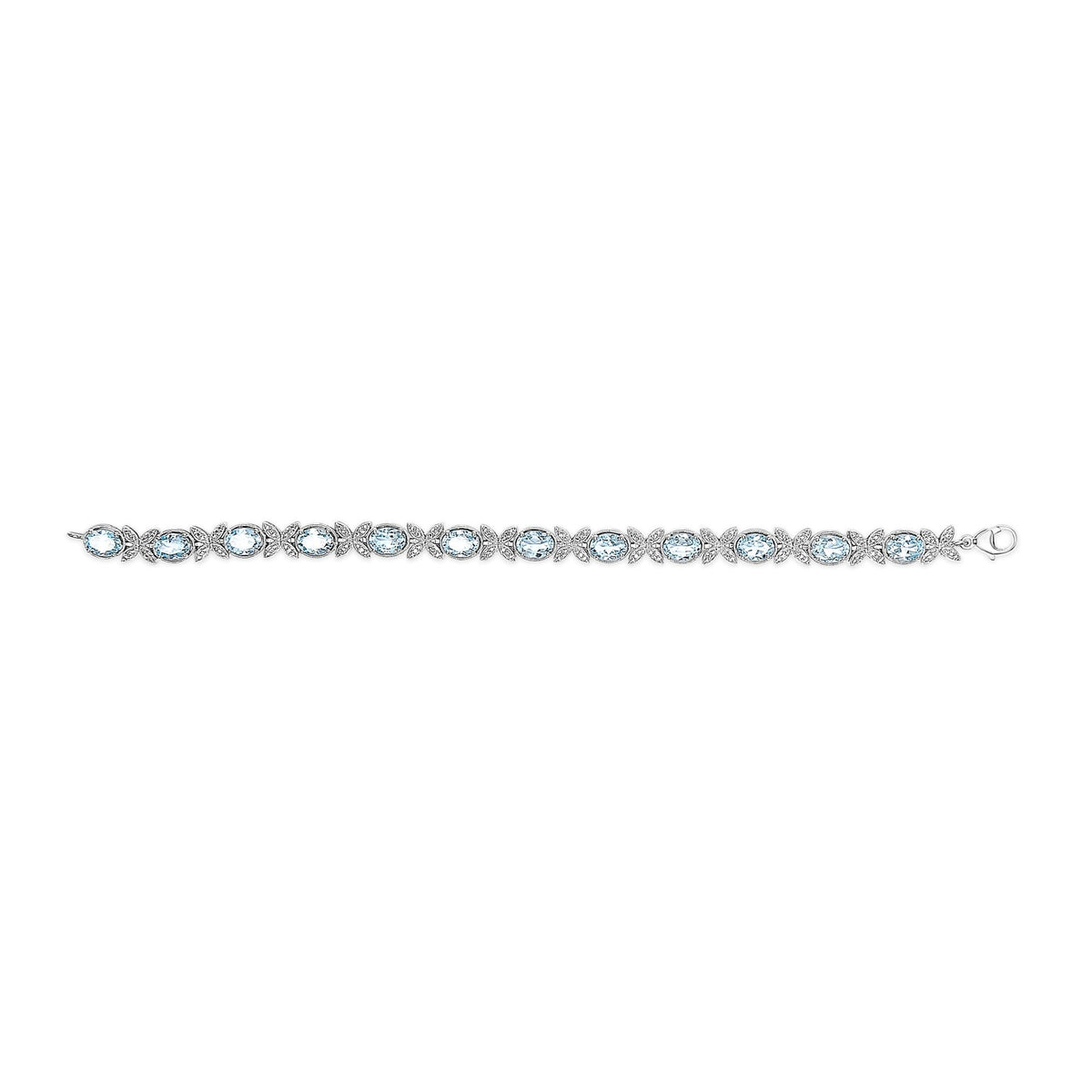 .925 Sterling Silver Oval Blue Topaz Diamond Butterfly Link Bracelet (I-J Color, I1-I2 Clarity) - Size 7" Inches